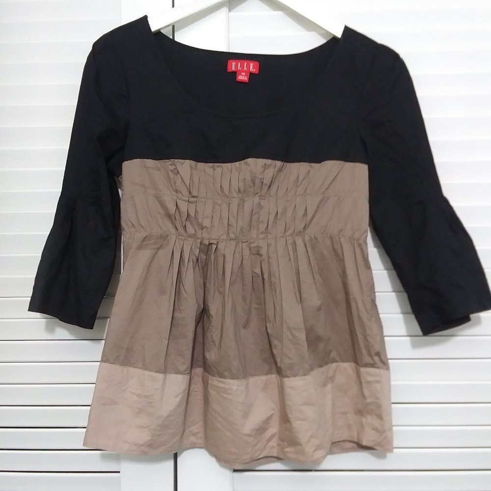Elle Top Black Tan 100% Cotton Flutter Sleeve Color blocked Blouse Womens X Sm